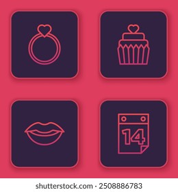 Set line Wedding rings, Smiling lips, cake with heart and Calendar February 14. Blue square button. Vector