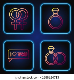 Set line Wedding rings, Speech bubble with I love you, Female gender symbol and Wedding rings. Gradient color icons. Vector