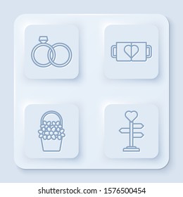 Set line Wedding rings, Two coffee cup and heart, Flowers in a basket and Signpost with heart. White square button. Vector