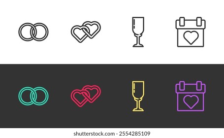 Set line Wedding rings, Two Linked Hearts, Glass of champagne and Calendar on black and white. Vector