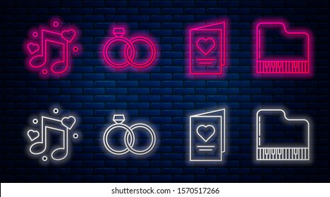 Set line Wedding rings, Valentines day party flyer with heart, Music note, tone with hearts and Grand piano. Glowing neon icon on brick wall. Vector