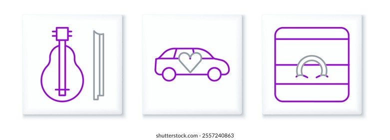 Set line Wedding rings, Violin and Limousine car icon. Vector