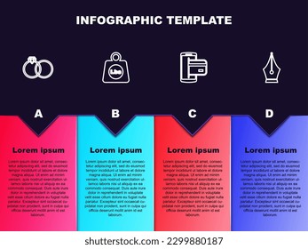 Fijar línea Anillos de boda, libras de peso, NFC Pago y Fountain bolígrafo. Plantilla de infografía empresarial. Vector