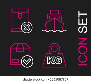 Set line Weight, ackage box with check mark, Cargo ship boxes delivery and Delete envelope icon. Vector