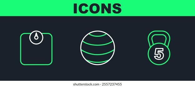 Set line Weight, Bathroom scales and Fitness ball icon. Vector