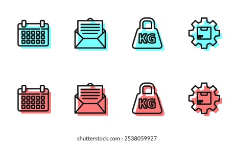 Set line Weight, Calendar, Envelope and Gear wheel with package box icon. Vector