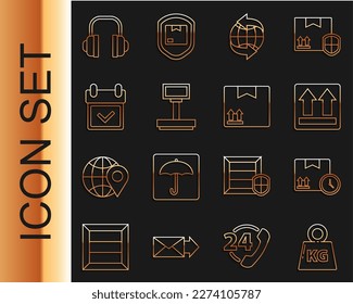 Ajuste el peso de línea, la caja de cartón y el tiempo rápido, Este lado arriba, a nivel mundial, Escalar, Calendario con marca de verificación, Auriculares y símbolo de tráfico. Vector