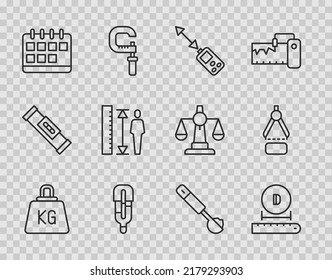 Set Line Weight, Diameter, Laser Distance Measurer, Medical Thermometer, Calendar, Measuring Height Body, Spoon And Drawing Compass Icon. Vector