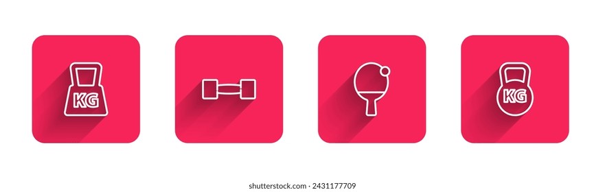 Set line Weight, Dumbbell, Racket and ball and Kettlebell with long shadow. Red square button. Vector