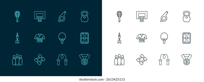 Set line Weight, Dumbbell, Racket, Jump rope, Kimono, Whistle, Tennis racket and Basketball backboard icon. Vector
