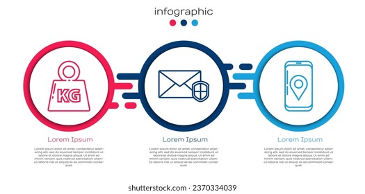 Set line Weight, Envelope with shield and Mobile with app delivery tracking. Business infographic template. Vector