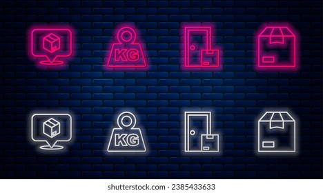 Set line Weight, Home delivery services, Location with cardboard box and Carton. Glowing neon icon on brick wall. Vector