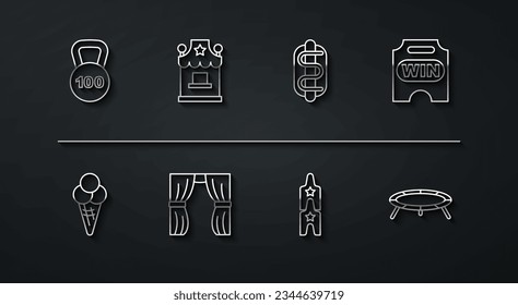 Set line Weight, Ice cream in waffle cone, Circus ticket, curtain raises, Ticket box office, Jumping trampoline and Hotdog sandwich icon. Vector