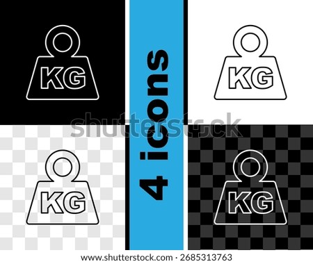 Set line Weight icon isolated on black and white, transparent background. Kilogram weight block for weight lifting and scale. Mass symbol.  Vector
