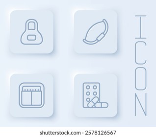 Set line Weight, Medieval bow, Sport mechanical scoreboard and Sports doping with dumbbell. White square button. Vector