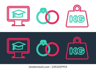 Set line Weight, Monitor with graduation cap and Wedding rings icon. Vector