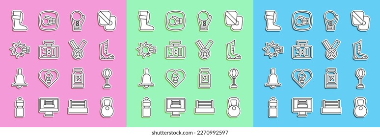 Set line Weight, Punching bag, Sport boxing shoes, Boxing glove, mechanical scoreboard,  and Medal icon. Vector