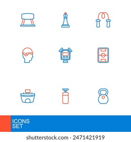 Set line Weight, Punching bag, Stadium, Football field, Baseball helmet, Stopwatch, Jump rope and Chess icon. Vector