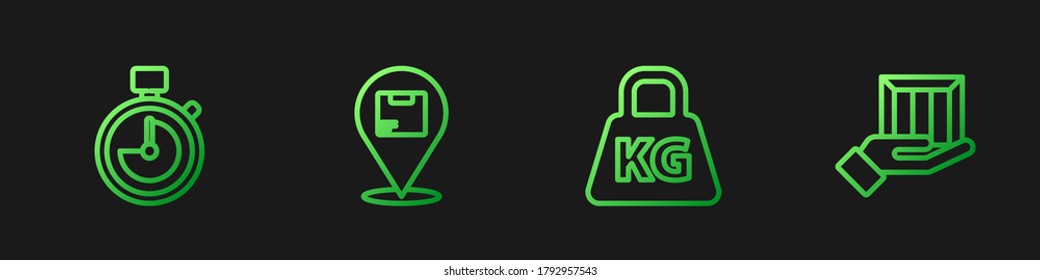 Establece el peso de línea, el reloj de parada, la ubicación con la caja de cartón y las cajas de mano Entrega. Iconos de color de degradado. Vector