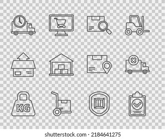 Set line Weight, Verification of delivery list clipboard, Search package, Hand truck and boxes, Logistics clock, Warehouse, Delivery security with shield and cargo vehicle icon. Vector