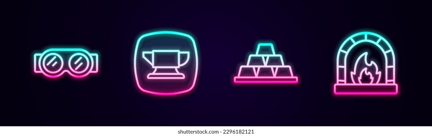 Fijar la línea Gafas de soldadura, herramienta de yunque de herrero, Barras de oro y horno. Icono de neón brillante. Vector