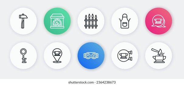 Set line Welding glasses, Blacksmith anvil tool, Old key, apron, Classic iron fence, Anvil and hammer and  icon. Vector