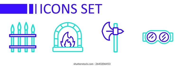 Gafas de soldadura, hacha medieval, horno de herrería e icono de valla de hierro clásico. Vector