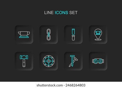 Set line Welding glasses, Metallic nails, Round shield, Hammer, Blacksmith anvil tool, Rasp metal file, Chain link and  icon. Vector