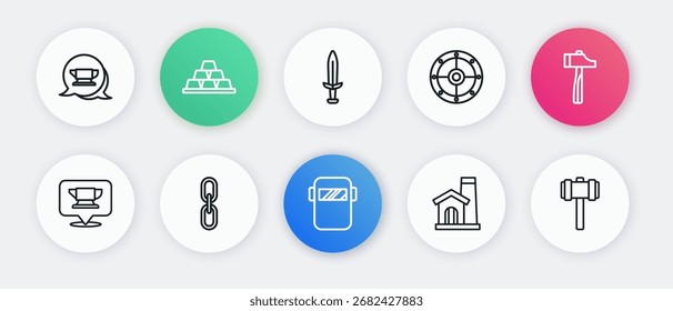 Set line Welding mask, Hammer, Blacksmith anvil tool, Smithy workshop interior, Round shield, Medieval sword, Sledgehammer and Chain link icon. Vector