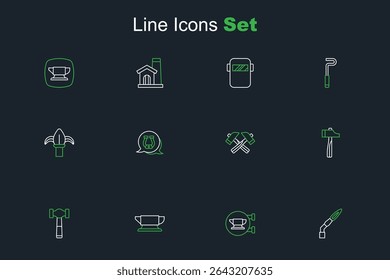 Set line Welding torch, Blacksmith anvil tool, Hammer, Crossed hammer, Horseshoe and Classic iron fence icon. Vector