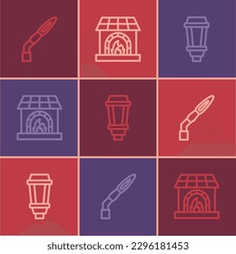 Fijar la línea Linterna de soldadura, lámpara de luz de jardín y icono del horno herrero. Vector