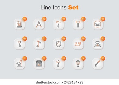 Set line Welding torch, Garden light lamp, Hammer, Blacksmith oven, Smithy workshop interior, Clamp and screw tool and Shield icon. Vector