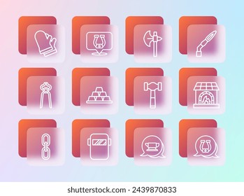 Antorcha de soldadura, máscara, martillo, herramienta de yunque de herrero, barras de oro, hacha medieval, guantes protectores e icono de herradura. Vector