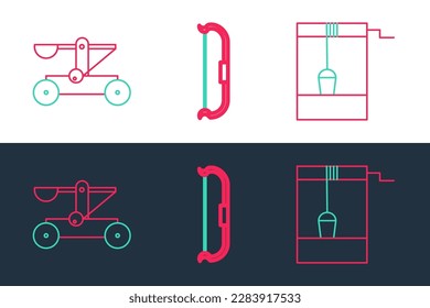 Mit Eimer, Schießsteinen und mittelalterlichem Bug-Icon die Linie Brunnen setzen. Vektorgrafik