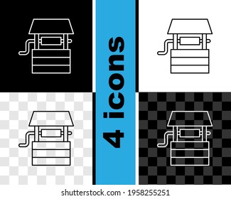 Fijar la línea Bien con un cubo y un icono de agua potable aislado en fondo blanco y negro, transparente.  Vector