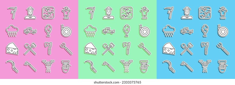 Set line Well with bucket, Garden pitchfork, hose, Plant, Pickup truck, Cloud rain, Scythe and Tree apple icon. Vector