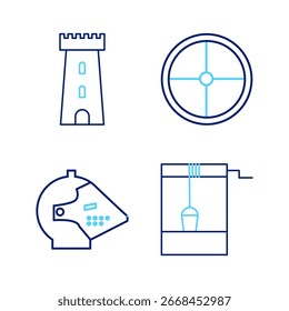 Set line Well with bucket, Medieval iron helmet, Round wooden shield and Castle tower icon. Vector