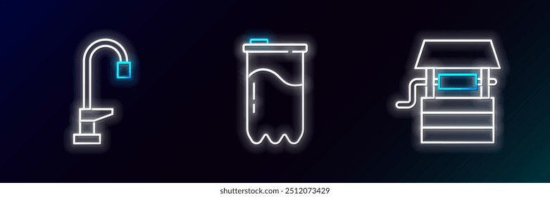 Set line Well with bucket, Water tap and filter cartridge icon. Glowing neon. Vector