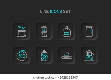 Set line Well, Farmer worker hat, Spray against insects, Eco healthy food, Glass jar with screw-cap, Pack full of seeds, Water tower and Plant pot icon. Vector