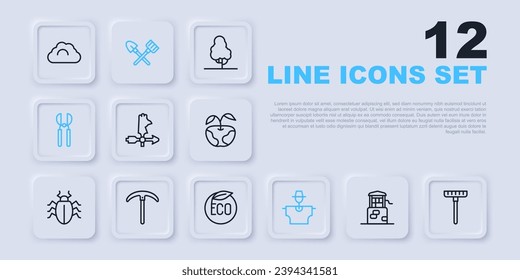Línea bien, rastrillo de jardín, vane del tiempo de gallo, Scarecrow, tijeras de jardinería, Pickaxe, Shovel y Eco saludable icono de comida. Vector