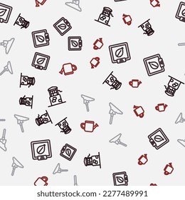 Set line Well, Seeds of specific plant, Shovel in the ground and Watering can on seamless pattern. Vector