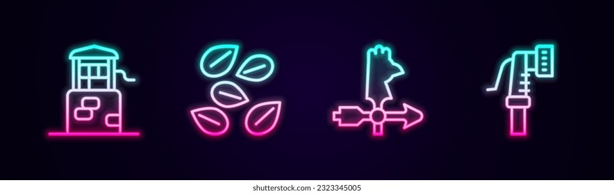 Set line Well, Seeds of specific plant, Rooster weather vane and Garden hose. Glowing neon icon. Vector