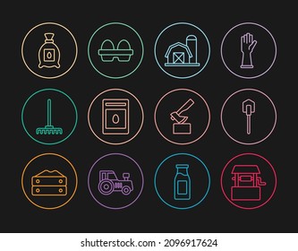 Set line Well, Shovel, Farm house, Pack full of seeds of plant, Garden rake, Wooden axe and Chicken egg in box icon. Vector