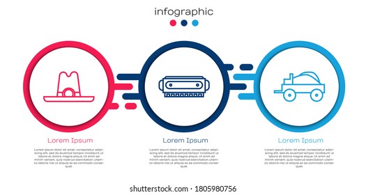 Set line Western cowboy hat, Harmonica and Wild west covered wagon. Business infographic template. Vector