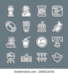 Set line Western cowboy hat, Liberty bell in Philadelphia, Trumpet, Declaration of independence, Paper glass, American Football ball, Stage stand or tribune and Burger icon. Vector