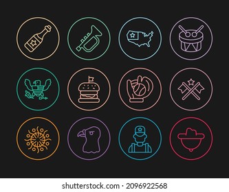 Set line Western cowboy hat, American flag, USA map, Burger, Eagle, Champagne bottle, Baseball glove with ball and Trumpet icon. Vector