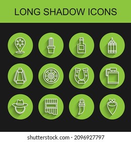 Set line Western cowboy hat, Pan flute, Hexagram sheriff, Tooth, Cowboy bandana, Old wooden wheel, Canteen water bottle and Horseshoe icon. Vector