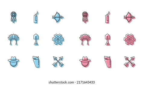 Set line Western cowboy hat, Revolver gun in holster, Dream catcher with feathers, Crossed arrows, Shovel, cylinder, Indian headdress and Dynamite bomb icon. Vector