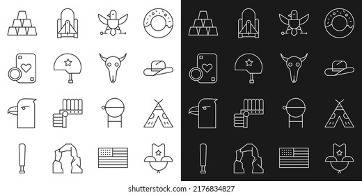 Set line Western cowboy hat, Indian teepee or wigwam, Eagle, Military helmet, Casino chip and playing cards, Gold bars and Buffalo skull icon. Vector