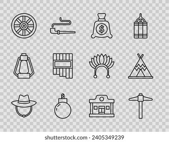 Ponga en línea sombrero de vaquero occidental, Pickaxe, bolsa de dinero, bomba lista para explotar, vieja rueda de madera, flauta Pan, salón Wild West y un ícono indio de tepee o wigwam. Vector